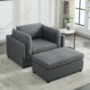 Wide Modern Oversized Armchair With Ottoman Stool, Single Sofa With Lumbar Support, Accent Chair, Reading Chair For Bedroom, Living Room - Dark Gray - Image 4