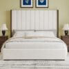 Tall Headboard Upholstered King Size Bed With Vertical Striped And Wingback Design, Box Spring Needed, Linen - Beige - Image 2