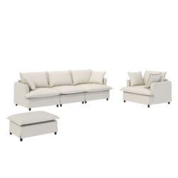 3 Piece Living Room Set Modular L Shaped Sectional Couch Upholstered, 3 Seater Sofa & Armchair & Movable Ottoman 5 Seat - Beige