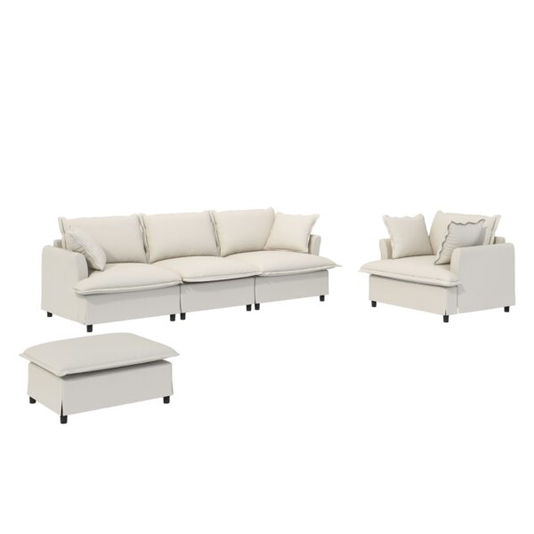 3 Piece Living Room Set Modular L Shaped Sectional Couch Upholstered, 3 Seater Sofa & Armchair & Movable Ottoman 5 Seat - Beige