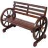 Rustic Country 2 Person Wooden Wagon Wheel Bench With Slatted Seat And Backrest - Brown - Image 5