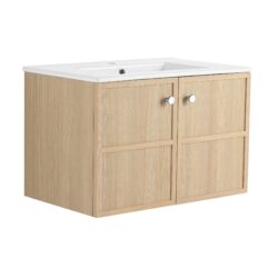 Modern Wall Mounted 30" Bathroom Vanity With Ceramic Sink And Soft Closing Doors - Oak