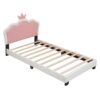 Twin Size Upholstered Princess Bed & Crown Headboard, Platform Bed With Headboard And Footboard - White / Pink - Image 7