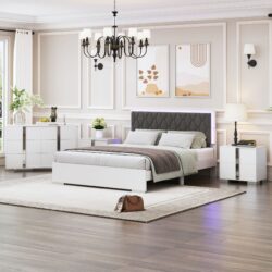 4 Piece Bedroom Sets Queen Size Upholstered Bed With LED Lights, Mirrored Nightstands And Dresser With Metal Handles And Legs - White