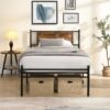 Modern Twin Long Size Metal Bedframe With Wood Panel Headboard - Black / Brown - Image 5