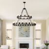 Extra Large Wagon Wheel Chandelier, 2 Tier 36 Lights (No Include) Farmhouse Industrial Round High Ceiling Pendant Light Adjustable Chain, For Dining Room, Living Room, Kitchen - Black - Image 3