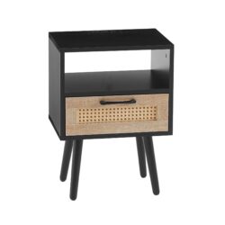 15.75" Rattan End Table With Power Outlet & USB Ports, Modern Nightstand With Drawer And Solid Wood Legs, Side Table For Living Room, Bedroom - Black