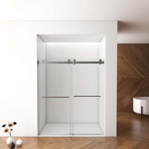 Frameless Shower Door, Double Sliding Shower Door, Clear Tempered Glass Shower Enclosure With Square Rail, Double Side Easy Clean Coat, Finished With Buffer - Brushed Nickel