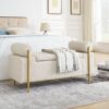 Elegant Upholstered Linen Storage Bench With Cylindrical Arms And Iron Legs - Beige - Image 3