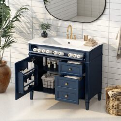 Bathroom Vanity With Top Sink, Modern Bathroom Storage Cabinet With 2 Drawers And A Tip-Out Drawer, Single Sink Bathroom Vanity - Blue