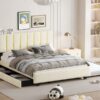 Queen Size Upholstered Platform Bed With 2 Drawers And 1 Trundle, Classic Strip Headboard Design - Beige - Image 13