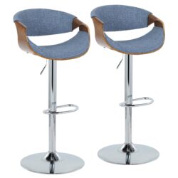Curvo - Mid-Century Modern Adjustable Barstool With Swivel (Set of 2) - Walnut / Blue