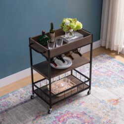 Rolling Kitchen Cart With Three Tiers And Four Wine Bottle Rack - Brown / Black