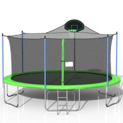 Trampoline For Adults & Kids With Basketball Hoop, Outdoor Trampolines With Ladder And Safety Enclosure Net For Kids And Adults - Green / Blue