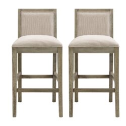Bar Stools (Set of 2), Rubber Wood Frame, Retro Bar Chairs Suitable For Kitchen Island - Beige / Gray