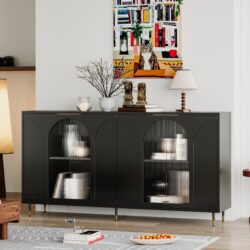 Accent Cabinet Lacquered Wooden Cabinet With 4 Glass Doors Sideboard Buffet Server Cabinet Storage Cabinet, For Living Room, Entryway, Hallway, Office, Kitchen And Dining Room - Black