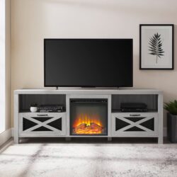 Industrial Farmhouse Metal Mesh Drop Down X Door 70" Fireplace TV Stand For 80" TVs - Stone Gray