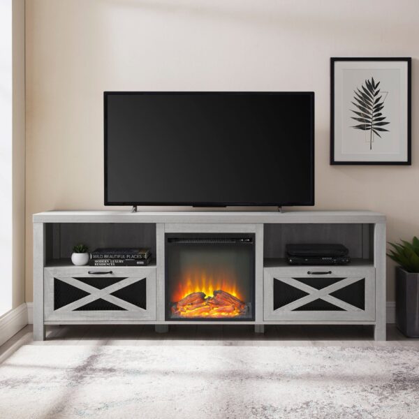 Industrial Farmhouse Metal Mesh Drop Down X Door 70" Fireplace TV Stand For 80" TVs - Stone Gray