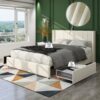 Anna - Queen Patented 2 Drawer Storage Bed, Upholstered Wingback - Ivory Velvet - Image 9