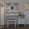 Farmhouse Makeup Vanity Desk With Adjustible LED Lighted Mirror And Charging Station For Bedroom, Dressing Vanity Table With Side Cabinet And Cushioned Stool - White - Image 19