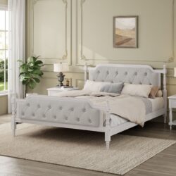 King Size Traditional Style Solid Bed Frame With Upholstered Tufted Headboard, No Box Spring Needed - Antique White