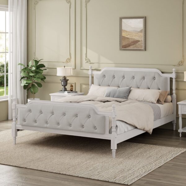 King Size Traditional Style Solid Bed Frame With Upholstered Tufted Headboard, No Box Spring Needed - Antique White