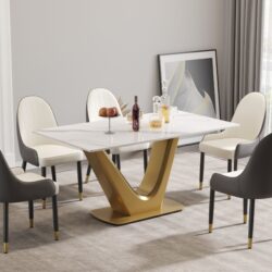 63" Modern Artificial Stone Panel V-Shaped Metal Legs, Can Accommodate 6-8 People - White / Gold