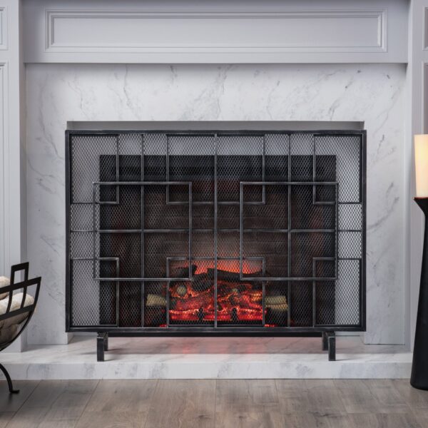 Dorothy - Modern Single Panel Iron Fire Screen With Geometric Pattern - Black / Sliver