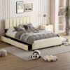 Queen Size Upholstered Platform Bed With 2 Drawers And 1 Trundle, Classic Strip Headboard Design - Beige - Image 9