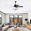 52" Crystal Shade Ceiling Fan Lamp, 3 Speed, 4 Timing, 5 Reversible Blades Crystal Ceiling Fan, 5 Pieces X E12 (No Include Bulb), Hand Pull Chain - Matte Black - Image 3