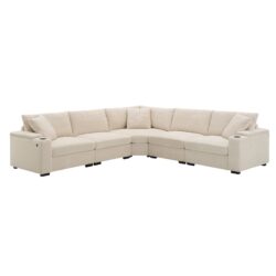 Convertible L Shaped Sectional Corner Couch With Armrest Storage Cup Holders USB Charger, Irregular Corner Oversized Comfy Modular Sofa - Beige