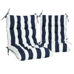 2 Piece High Back Chair Cushion Set Tufted Patio Or Rocking Chair Cushions For Garden Or Porch - Blue Stripe