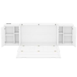 Queen Size Murphy Bed With Shelves, Cabinets And USB Ports - White