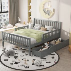 Full Size Platform Bed With Guardrails On Both Sides And 2 Storage Drawers - Gray