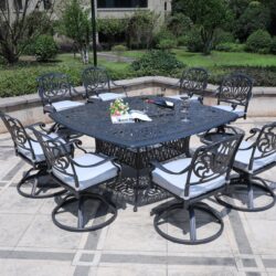 Square 8 Person 64" Long Aluminum Dining Set With Cushions With Swivel And Rocking Chairs - Dark Gray / White