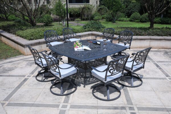Square 8 Person 64" Long Aluminum Dining Set With Cushions With Swivel And Rocking Chairs - Dark Gray / White