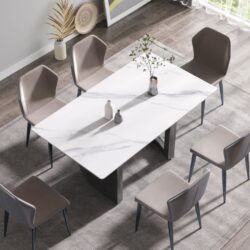 63" Modern Artificial Stone White Straight Edge Black Metal Leg Dining Table - White / Black