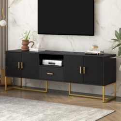 Modern TV Stand For TV Up To 70", TV Cabinet With 1 Drawer, 2 Cabinets And Metal Legs, Handles And Anti-Tip Device For Living Room - Black