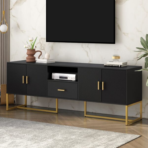Modern TV Stand For TV Up To 70", TV Cabinet With 1 Drawer, 2 Cabinets And Metal Legs, Handles And Anti-Tip Device For Living Room - Black