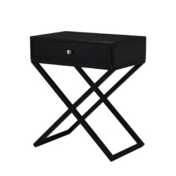 Koda - Wooden End Side Table Nightstand With Glass Top, Drawer And Metal Cross Base - Black