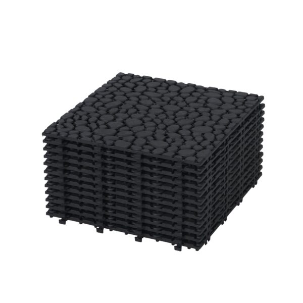 Interlocking Deck Tiles Plastic Waterproof Outdoor All Weather Anti-Slip Bathroom Shower Balcony Porch Strong Weight Capacity Upto 440 Lbs, Pebble Stone Pattern Pack Of 12 - Black