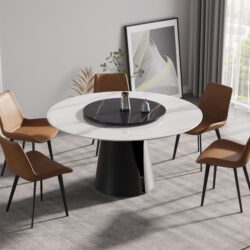 59.05" Modern Artificial Stone Round Carbon Steel Base Dining Table, Can Accommodate 6 People, Black Artificial Stone Turntable - White / Black