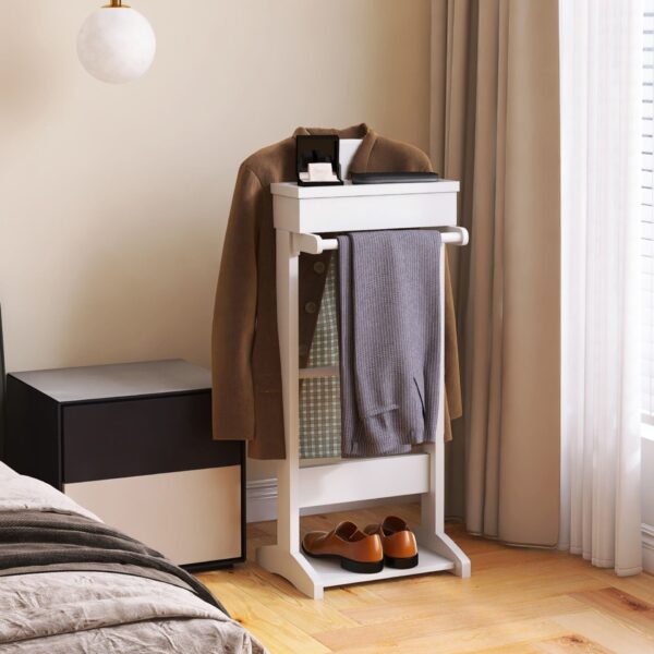 Portable Garment Rack, Clothes Valet Stand With Storage Organizer - White