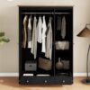 Modern 3 Doors Armoire Wardrobe Closet With 2 Drawers, Tall Wardrobe Cabinet With Hanging Rail And Shelve For Bedroom - Natural / Black - Image 2