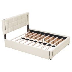 Queen Size Upholstered Platform Bed With Trundle And Drawers - Beige