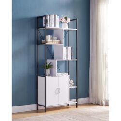 Six Shelf Modern Bookcase With Two Door Storage Cabinet With Two Shelves - White / Black