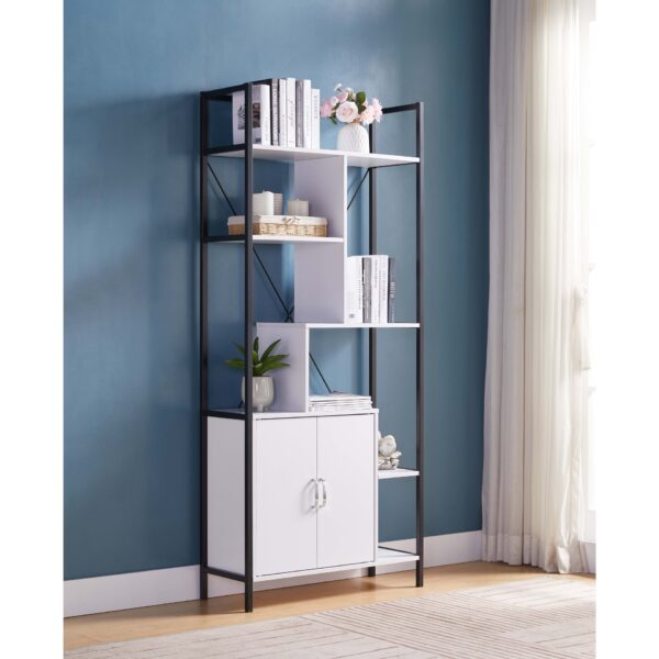 Six Shelf Modern Bookcase With Two Door Storage Cabinet With Two Shelves - White / Black