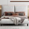 Queen Size Upholstered Platform Bed With 2 Large Headrests And Thick - Beige - Image 14