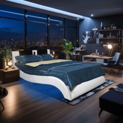 Queen Size Upholstered Platform Bed Frame With LED Lighting, Bluetooth Connection To Play Music Control, Backrest Vibration Massage, Curve Design, Wood Slat Support - White