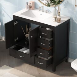 Bathroom Vanity With Ceramic Sink Combo, Abundant Storage Cabinet 2 Soft Close Doors And 5 Drawers - Black
